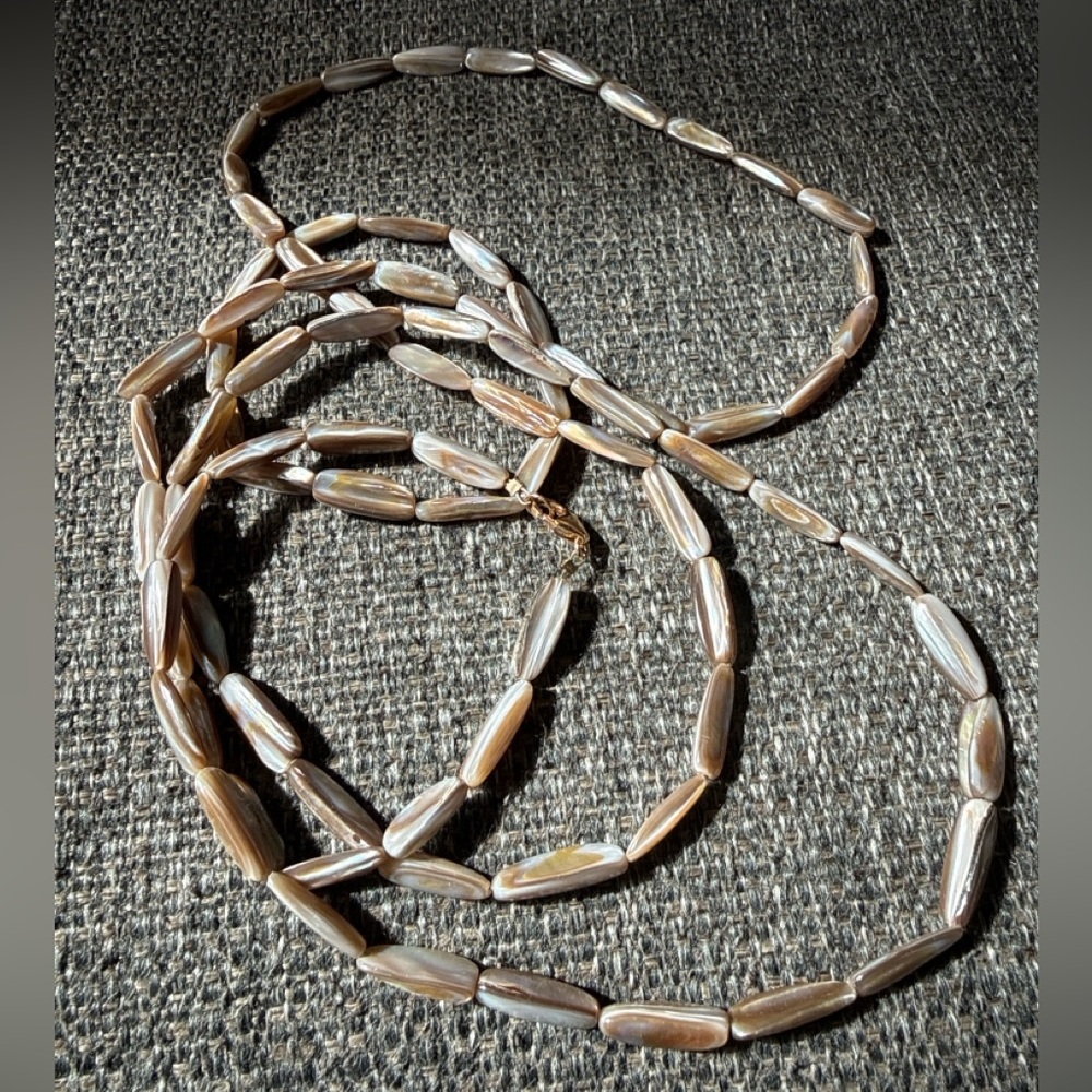 Vintage Mother of Pearl Shell Bead Necklace – 12K Gold Filled Clasp Long Strand